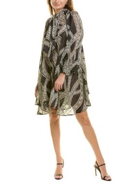 Gracia Black and Cream Geometric Tie-Neck Long Sleeve Dress